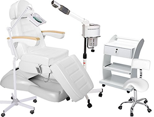 Medeo Kosmetikkabine Liege massageliege Physiotherapie Bedampfer Lupenlampe Arbeitsstuhl Beistelltisch 900273a weiß
