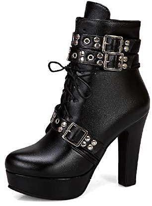 Dammode snörning dragkedja blockklack hög klack rund tå plattform lätt att gå bekvämt kort skaft stövlar för kvinnor z39961, svart, 39 EU