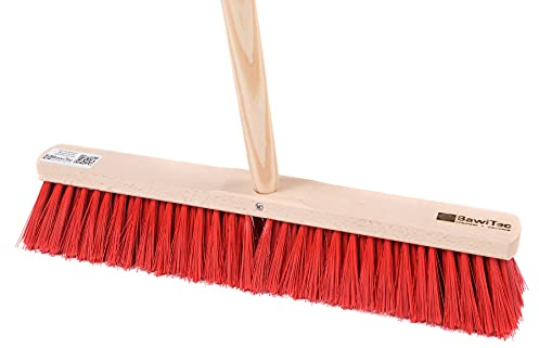 BawiTec Qualitäts Straßenbesen 40cm Breit mit Stielloch und passendem Holzstiel Länge 140cm,rote robuste Kunststoff-Borsten,Kehrbesen,Besen mit Holz Besenstiel,Schrubber-Besen