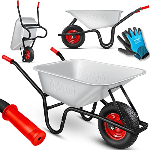 MASKO® Schubkarre Bauschubkarre Gartenschubkarre 100 Liter 250kg Luftreifen mit Stahlfelge + Ersatzschlauch Schubkarrenschlauch, verzinkt Stahlrahmen Garten Karre Schiebkarre Transportkarre Handschuhe