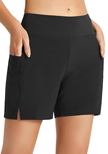 baleaf Womens Swim Shorts High Waisted Swimsuit Bottom Tummy Control Tankini Bathing Suits 5 Board Shorts for Women Quick Dry Black L