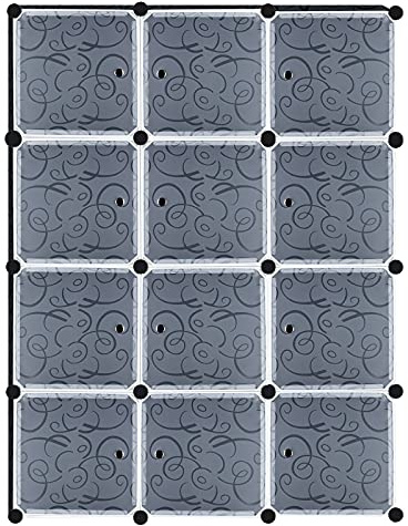 YUENFONG Kleiderschrank Organizer Garderobe DIY Regalsystem Steckregalsystem aus Kunststoff für Kleidung, Schuhe, Spielzeug und Bücher, Schwarz (12 Boxen mit Tür)