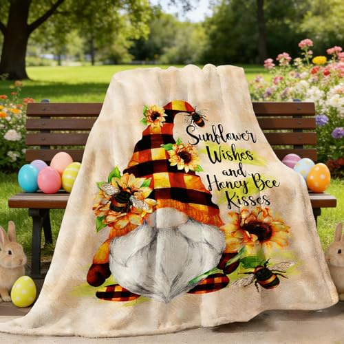 tiosggd Spring Sunflower Gnome Blanket, Gnome Gifts for Women, Mother's Day Birthday Gnomes Throw Blanket for Mom, Wife, Girls, Friends, Adults, Fleece Gnomes Blanket for Couch Sofa Bed 60''x50''