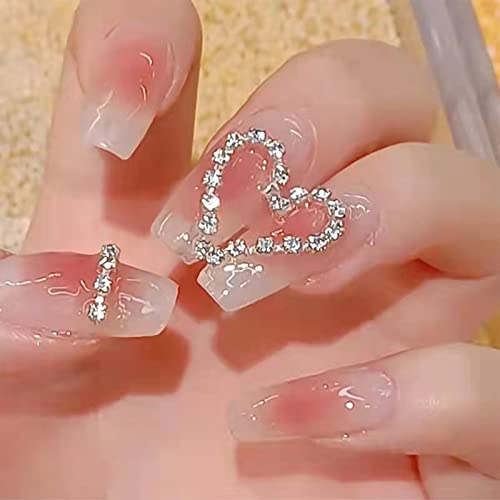 NICENEEDED Heart Diamond Press On Nails Lang, Girly Pink Glossy Ballerina Kunstnägel, 24Pcs Full Cover Strass Falsche Nägel Mit Nagelkleber Aufkleber Für Fingernägel Verlängerungswerkzeug Halloween