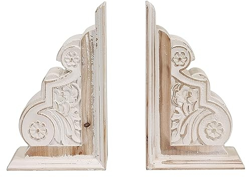 1 Paar rustikale Holz-Buchstützen im Used-Look, Vintage-Stil, weiße Schnörkel-Corbel-Buchstützen, Buchstützen für schwere Bücher, Buchstützen für Büro (Stil 1)