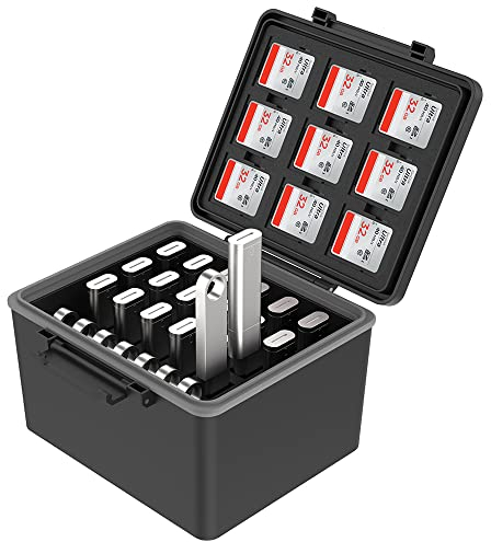 JJC Boîtier de rangement 2 en 1 pour clé USB et carte mémoire - Étui pour 25 clés USB + 9 cartes SD + 18 micro SD - Résistant à l'eau et aux chocs - Organisateur de voyage et quotidien