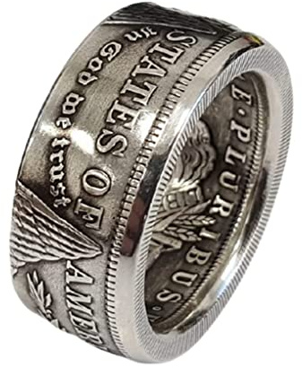 HUUGVBCO Anillo de moneda hecho a mano, de titanio, plata, vintage, hecho a mano de réplica del dólar de Morgan, anillo de talla 6-13, para mujeres y hombres, 10, Metal, No