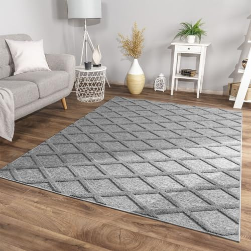 TT Home Wohnzimmer Teppich Esszimmer Kurzflor Skandi Design Rauten Deko 3D Weich, Farbe:Hellanthrazit Grau, Größe:120x160 cm