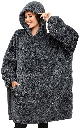 CMTOP Sudaderas con Capucha Manta con Mangas Batamantas con Sudadera Mujeres Esponjoso Polar con Capucha Manta para el otoño Señora suéter Manta con Mangas Sudaderas con Capucha Gris