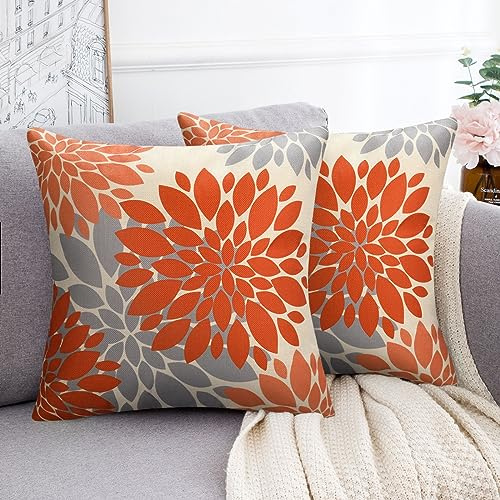 HomeStilez Leinen Kissenbezug 40 x 40 cm Dahlie Geometrisch Orange und Grau Sofa Kissenbezüge Kissenhülle Dekokissen Couchkissen für Couch Outdoor Bank Bett Wohnzimmer Weihnachten, 2er-Set
