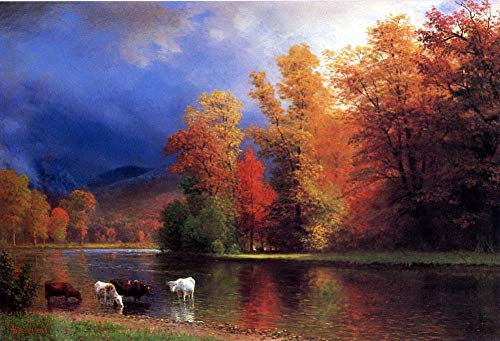 Toperfect Handgefertigtes Ölgemälde für €50-€2000 von Hochschullehrern, Am Flussufer von Albert Bierstadt, Bullen, Rinder, rote Bäume, Herbstlandschaft, Berühmte Gemälde -3