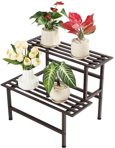 Dipion Metal Plant Stand Outdoor Plant Shelf Indoor,2 Tier Heavy Duty Ladder Plant Stands for Multiple Plants,26 L x 20.25 H x 17.75 W,Coffee