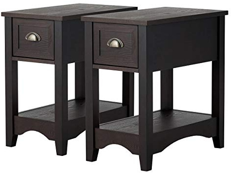GYMAX Mesita de Noche, Mesita Auxiliar Estrecha, Mesita de Sofá con Cajón y Estante Abierto, Mesita de Noche con Cajones para Salón y Dormitorio, 33 x 56 x 58,5 cm (Nogal, Juego de 2)
