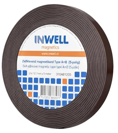 Inwell Selbstklebendes Magnetband Typ A + B 12,7 mm x 10 m | Paarweise Magnetisierung für ideale Ausrichtung, Starker Kleber, Flexible Magnetstreifen für Montage, Verschlüsse & DIY