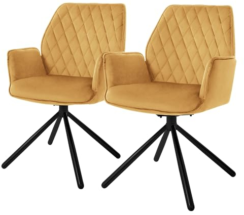 ML-Design Esszimmerstühle 2er Set Samt Senfgelb, Wohnzimmerstuhl mit Arm- und Rückenlehne, Drehstuhl Auto-Position, Polsterstuhl mit Metallbeine, Ergonomische Sessel drehbar, Küchenstuhl Loungesessel