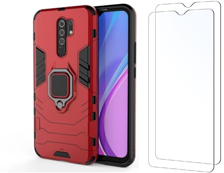Max Power Digital Funda y 2 Cristal Templado para móvil Xiaomi Redmi 9 Carcasa Magnética con 2 Piezas Protectores Anillo Imán Antigolpes Resistente Rígida Dura (Xiaomi Redmi 9, Rojo)