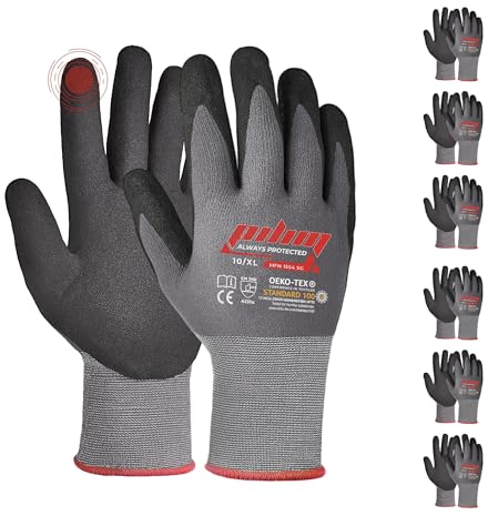 Pilim Microfoam Nitrile Safety Work Gloves - 3/6/12 Pairs Heavy Duty Grip Gloves for Construction, Gardening, and Mechanics