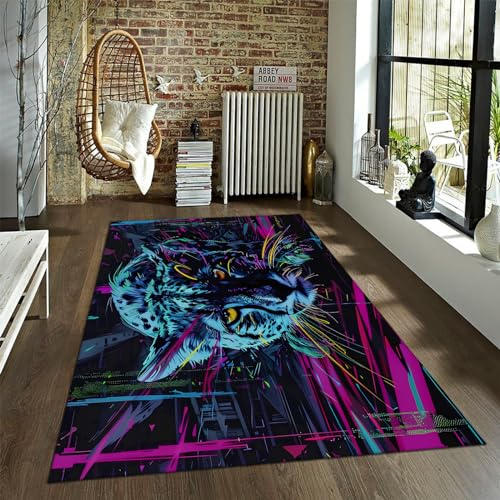 LANDERSION Moderner Area Teppich Wildlife Leopard Waschbare Teppiche für Wohnzimmer Bunte Linien Weicher Rutschfester Teppich für Schlafzimmer Esszimmer Schlafsaal 60x90cm