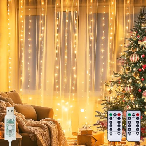kolpop 2 Pezzi Tenda Luminosa Interno, 3Mx3M 300 LED Tenda LED Telecomando, 8 Modalità Tenda Luci Natale Dimmerabile Impermeabile, Alimentata USB Lucine Decorative per Camera (Bianco Caldo)