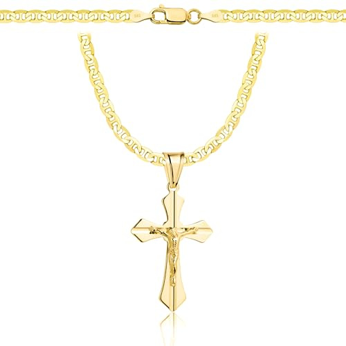 AMAR PRAGNA Gold Damen/Herren Kette mit einem 925/585 Kreuz, original geflochten, Breite 3,8 mm, Goldkette- Halskette, kreuz kette gold 585