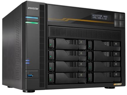 Asustor Lockerstor 8 Gen3 AS6808T 8 Bay NAS Network Storage, AMD Ryzen Quad-Core 2.3 GHz, 16GB RAM ECC DDR5, 4 M.2 NVMe Slots, Dual 5GbE & Dual 10GbE Port, USB4 Type-C, Network Attached Storage