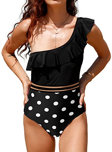 Husmeu Swimming Costume Women One Shoulder Swimsuits Ruffle One Piece Bathing Suits for Women Tummy Control Hollow Out Mesh Monokini Polka Dot M