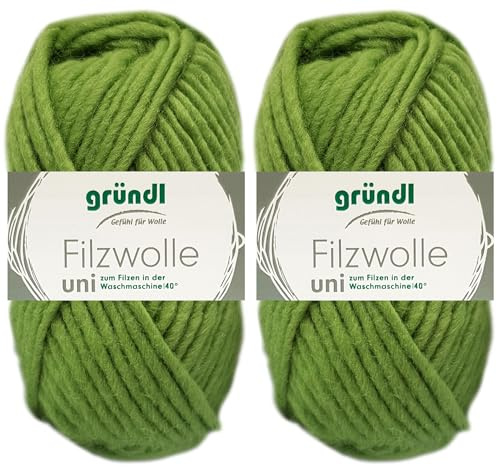 2x50 Gramm Gründl Filzwolle Uni aus 100% reiner Schurwolle inkl. Anleitung für Topflappen (04 Grasgrün)