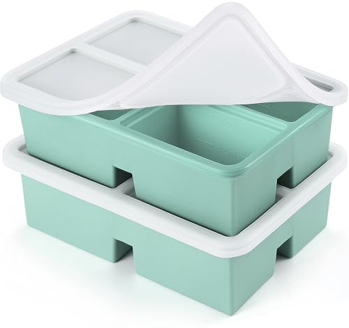 BIONMAPLE Confezione da 2 vassoi in silicone per congelatore con coperchio, 1 tazza, stampi in silicone per congelare e conservare zuppe, brodo, avanzi, microonde e congelatore, colore verde