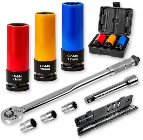 WALTER Drehmomentschlüssel-Set, 10tlg., 6 Stecknüsse, 1/2 (12,5mm) | Schoneinsätze für Alufelgen, Auto Motorrad SUV Van, Schlagschrauber-Nüsse Set
