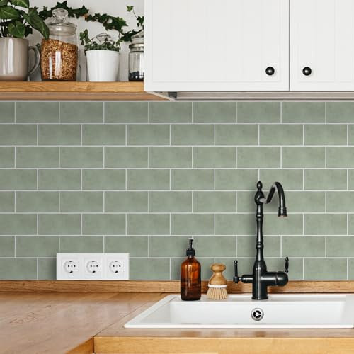 Funlife Salbeigrün klebefliesen küche, Selbstklebende fliesenaufkleber grün, badfliesen küchenfliesen grün, Wasser und ölbeständig fliesensticker für Küche Badezimmer 16 Stück