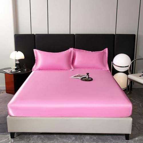 Grewod Topper Spannbettlaken 200x220cm Höhe 20 cm, Satin Spannbetttuch Dunkel Rosa Einfarbig Spannleintuch