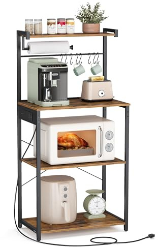 VASAGLE Kitchen Bakers Rack with Power Outlet, 4-Tier Coffee Bar with Adjustable Shelf, Microwave Stand, Paper Towel Holder, 40 x 60 x 140 cm, Rustic Brown and Ink Black KKS014K03