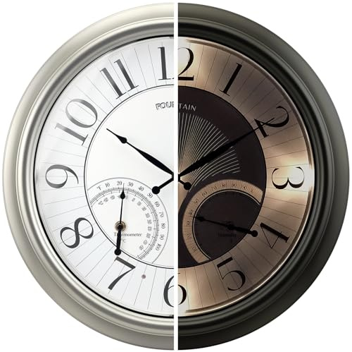 FOUNTAIN DESIGNS 18 Illuminated in/Outdoor Clock with Smart Sensor and Night Light, Waterproof, Large Wall Clock with Thermometer & Hygrometer, for Garden,Pool and Patio Decor (Morning Silver)