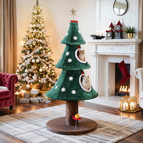 YITAHOME Großer Weihnachts-Katzenbaum mit 2 Ebenen, 132 cm Katzenhaus, Kratzsäulen, Aktivzentrum für Kätzchen und Weihnachtsdekoration in Grün