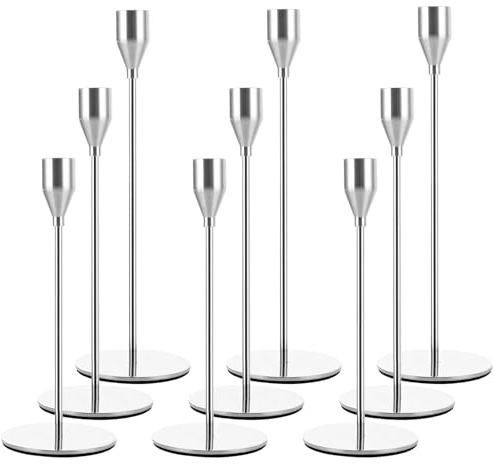 AHAQU Set mit 9 silbernen Kerzenhaltern, Metall-Kerzenhalter für Stabkerze, hoher Kerzenständer, passend für 1,9 cm dicke Kerzen für Hochzeit, Candlelight Dinner, Kamine, Bankett Dekoration