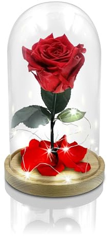 Aluisi Fiori – Rosa La Bella e La Bestia Rossa – Base in Legno Naturale con LED – Rosa Stabilizzata per Un Dono Elegante di San Valentino, Compleanno o Anniversario.