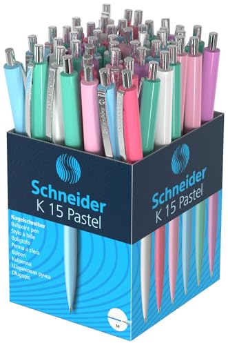 Schneider K15 Kugelschreiber, 50 Stück sortiert, pastell | Schreibfarbe: blau, dokumentenecht, Strichstärke M, Metallclip und Metalldrücker, nachfüllbar, Made in Germany