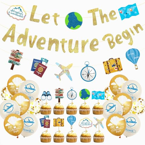 Let the Adventure Begin Banner - 27 Stück Abschiedsparty Ammer Zubehör Deko Reise Motto Partydekoration Für Männer Frauen Reisen Ruhestand Abschlussfeier Geburtstagsfeiern Abschiedsparty