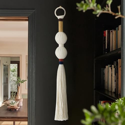 IOWER Macrame Wall Hanging Boho Decor Yarn Wall Art Small Sphericity Cotton Textile Tassel Hanging Fiber Art for Living Room Bedroom 27'' L x 2.3'' W