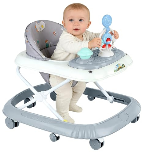 HUOLE 4-in-1 Baby-Walker Grau mit Schiebefunktion, Entwicklungs-Lauflernhilfe für Babys mit Musikbox und Lichtern, Waschbarer Sitzkissen für Kinder von 6 bis 18 Monaten bis 12 kg - 67 * 72 * 92 cm