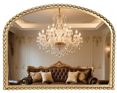 CAVINHOME 36x28 Inch Wide Arched Wall Mirror with Bold Antique Gold Beaded Frame, Decorative Mantel Mirror for Fireplace or Entryway, Horizontal Hanging Statement Mirror for Living Room Wall Decor