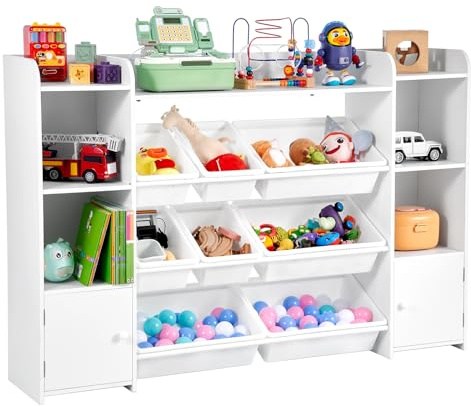 VEVOR Scaffale per Giocattoli, Carico di 10 kg Organizzatore per Giocattoli a 4 Ripiani con 8 Contenitori in Plastica Flessibili, per Camera da Letto, Aula, Cameretta dei Bambini, Bianco