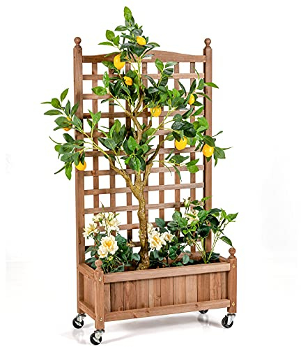 GOPLUS Blumenkasten mit Rankgitter, Pflanzkasten mit Rollen, Hochbeet aus Tannenholz, Pflanzgefäß mit Sichtschutz, Blumentopf Balkon für Kletterpflanzen, Blumen, Früchte, 64 x 28 x 127 cm