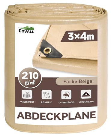 COVALL Telo Impermeabile Esterno 210g/m² 3x4m-Telone con Occhielli Rinforzati, Protezione UV, Adatto a Tutte le Stagioni-Ideale per Cantiere Edile, Copertura Legna, Campeggio e Uso All'apertoPiscine