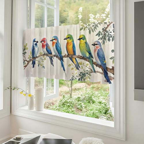 Treer Scheibengardine Küchengardinen Bistrogardine, 1 Stück Tierdrucke Gardinen, Kurz Vorhänge Modern Verdunklungsvorhänge, Transparent Vorhang Waschbar Curtains (Vögel in Einer Reihe,175 * 55cm)