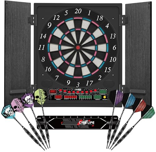 CyeeLife Diana electrónica con gabinete de Madera, Juego de Dardos electrónico, Tablero de Dardos con 34 Juegos y 355 Variantes, Modo para 8 Jugadores, Pantalla LED, Voz Alemana