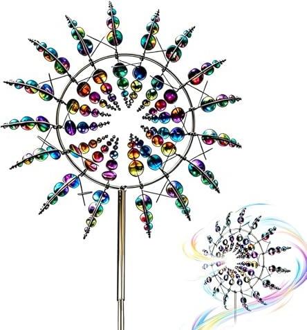 Magische Windmühle,3D Windrad Edelstahl,Windspiel Garten mit Gartenpfahl,360° Dual Rotors kinetische Wind Spinner,Wind Spinner im Freien,Geeignet für Innenhöfe,Terrassenrasen,Gartendekoration,Silber