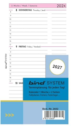 bind Kalender 2027 DIN A6 Kalendereinlage Terminkalender Tageskalender 1Woche / 2 Seiten B260227