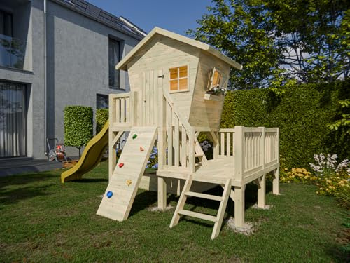 Granorte Prestige Garden Gelb 440x274 cm Stelzenhaus Big Birdy, Kesseldruckimprägniertes Kiefernholz Spielhaus, Inklusive Rutsche Kletterwand Sandkasten Veranda Fenster Blumenkasten, 0 x 0 x 0 cm