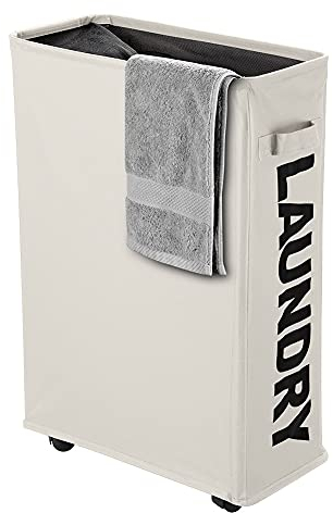 IHOMAGIC Cesto para la Colada Delgada sobre Rueda, Cesta de Lavandería Rectangular Práctica Plegable Colector de Ropa Sucia para el Hogar, Cocina, Dormitorio, Hotel, Viaje 35-40L, 600D Tela, Beige